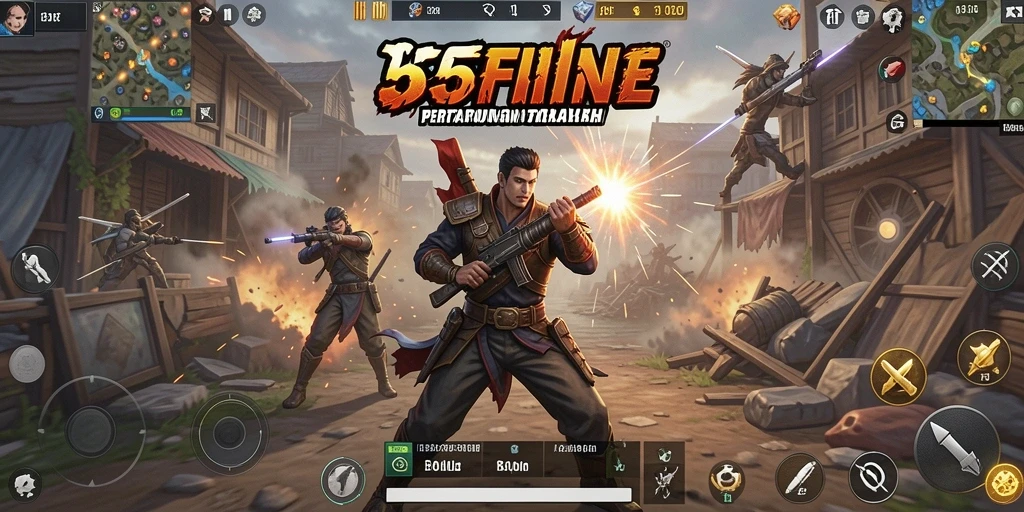 Tampilan gameplay epik di 55FIVE dengan aksi Battle Royale yang mendebarkan.