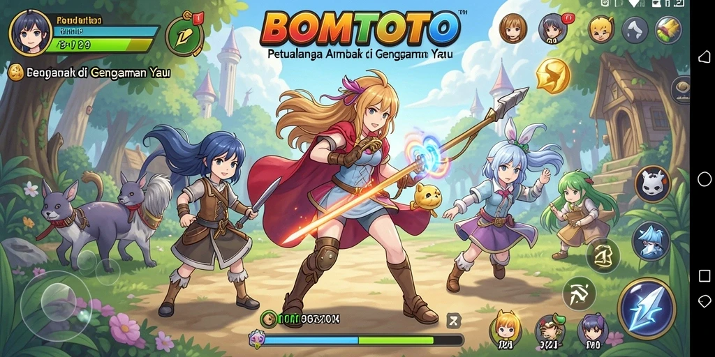 Screenshot gameplay BOMTOTO yang menampilkan karakter anime dan aksi seru.