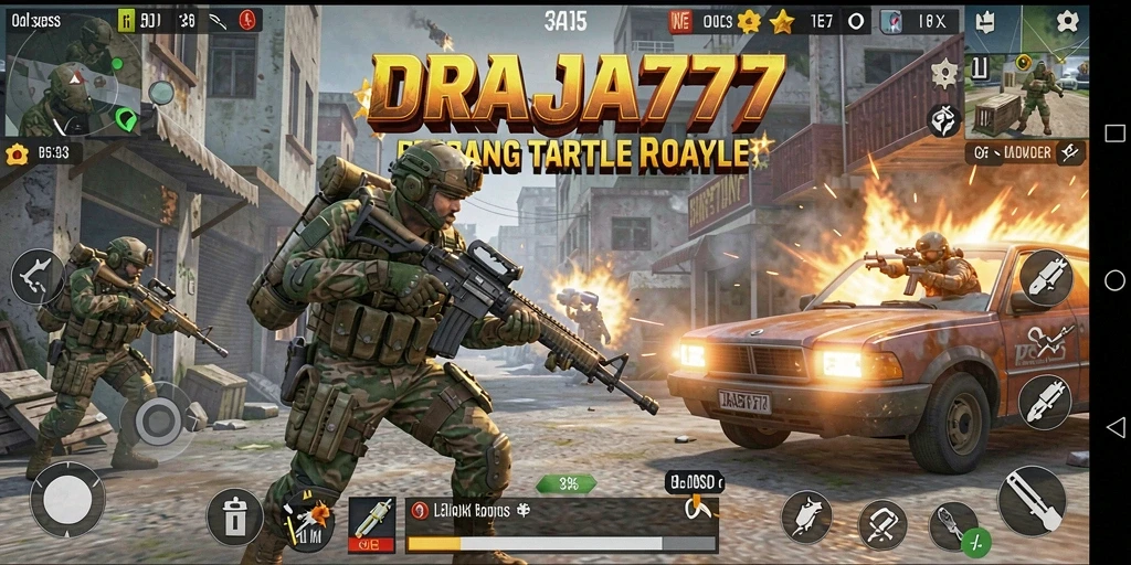 Tampilan dinamis gameplay DRAJA777 dalam pertempuran Battle Royale.