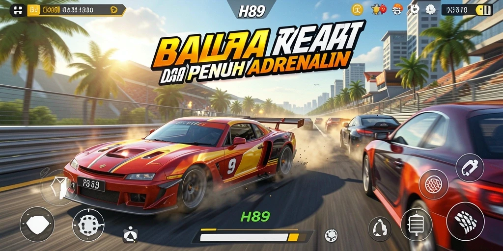 Screenshot gameplay H89 yang menampilkan balapan seru di lintasan yang menantang.