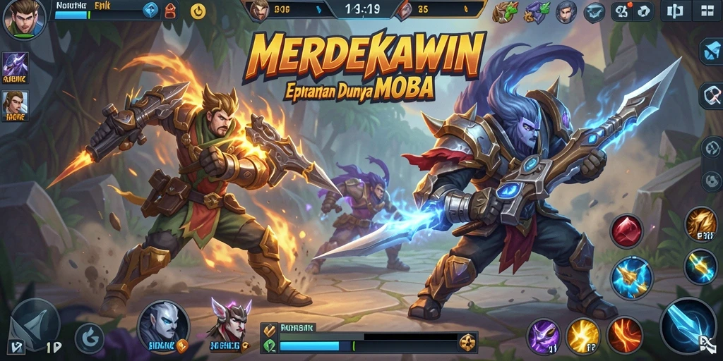 Screenshot gameplay MERDEKAWIN menampilkan pertarungan hero yang dinamis.