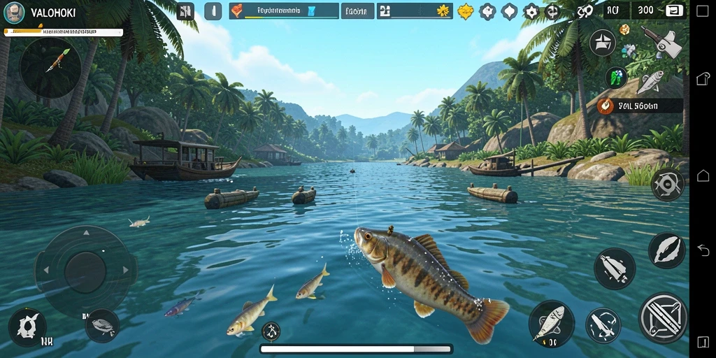 Tampilan gameplay VALOHOKI yang menakjubkan saat memancing di danau.